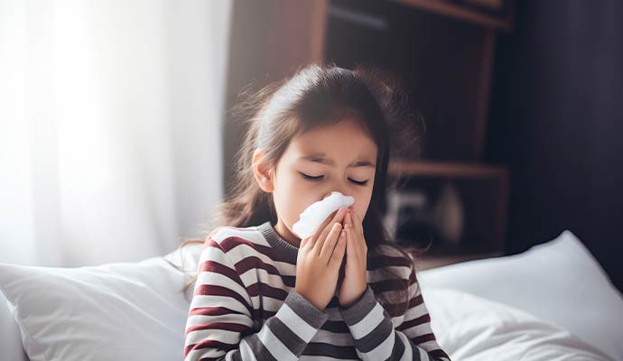 A young girl sneezing into a tissue