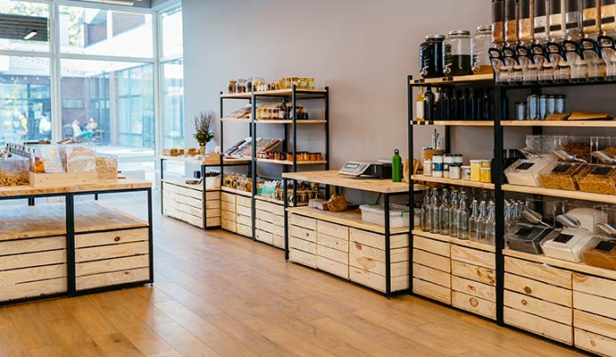 Organized retail store interior with clean shelves and floors.