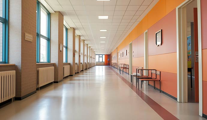 School hallway with clean floors and clear, safe pathways.